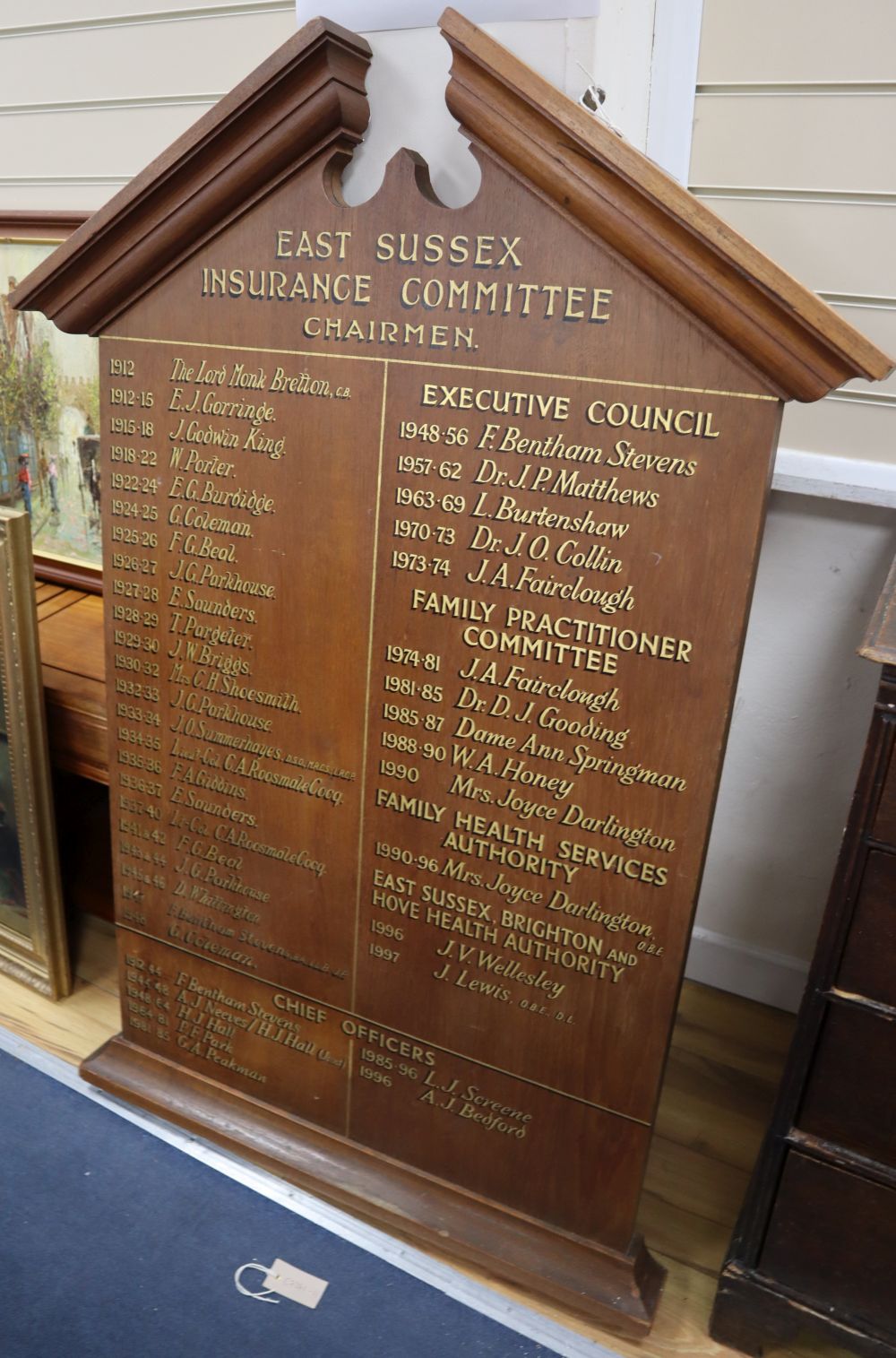 An early 20th century oak Honours board, width 90cm, height 130cm
